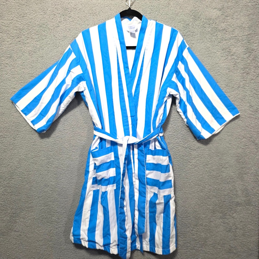 Vintage Its A Charm Robe White Blue‎ Striped Terry Cloth Pockets Size Small